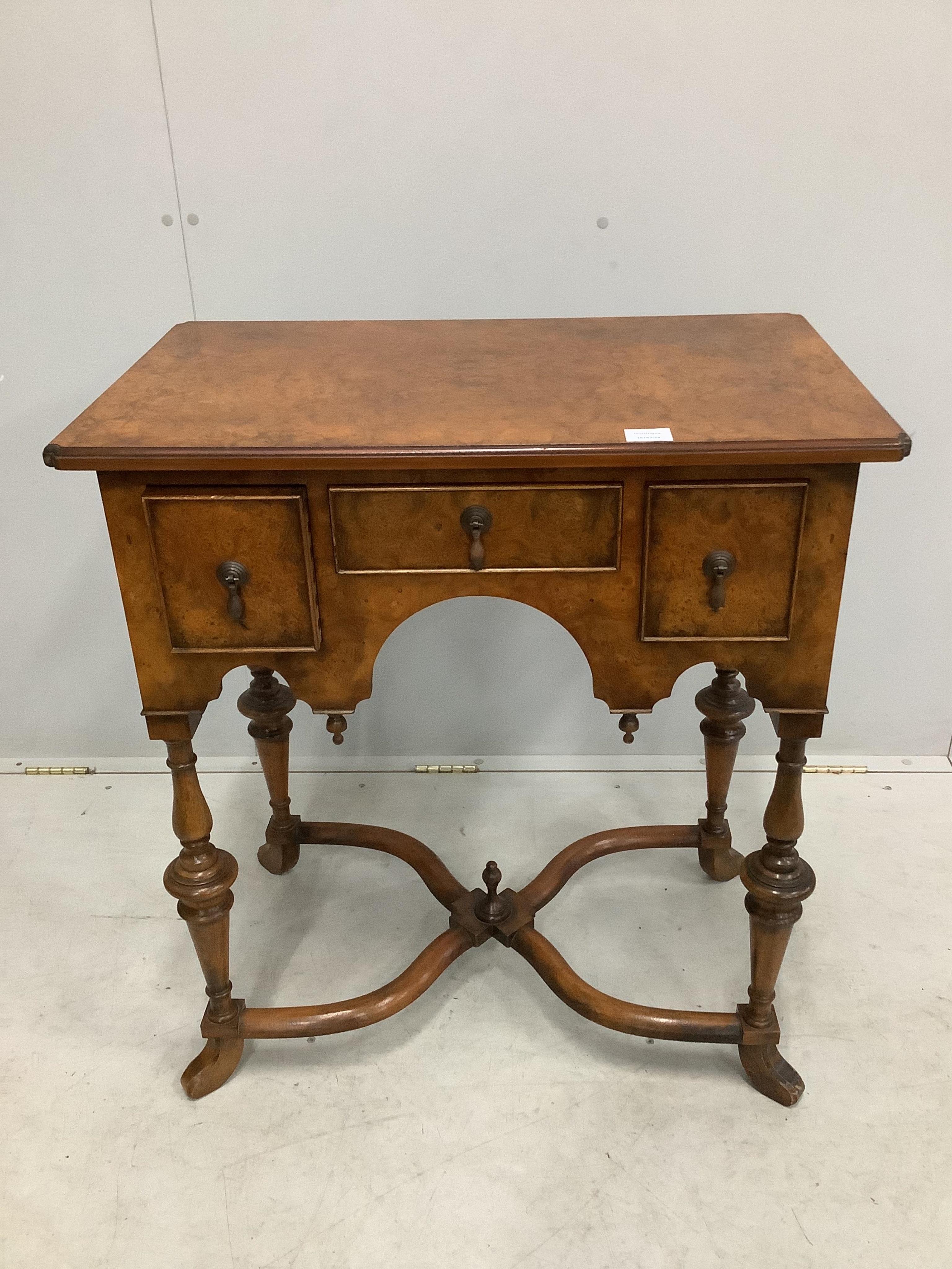 A Queen Anne style burr elm lowboy, width 76cm, depth 46cm, height 84cm. Condition - good